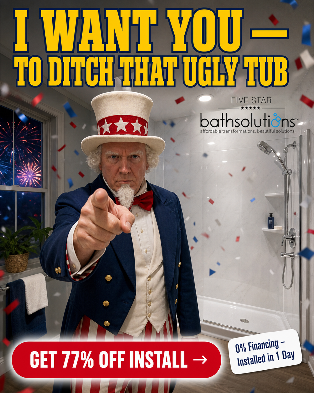 Five Star Bath Solutions Facebook ad: Get 77% Off Installation Now