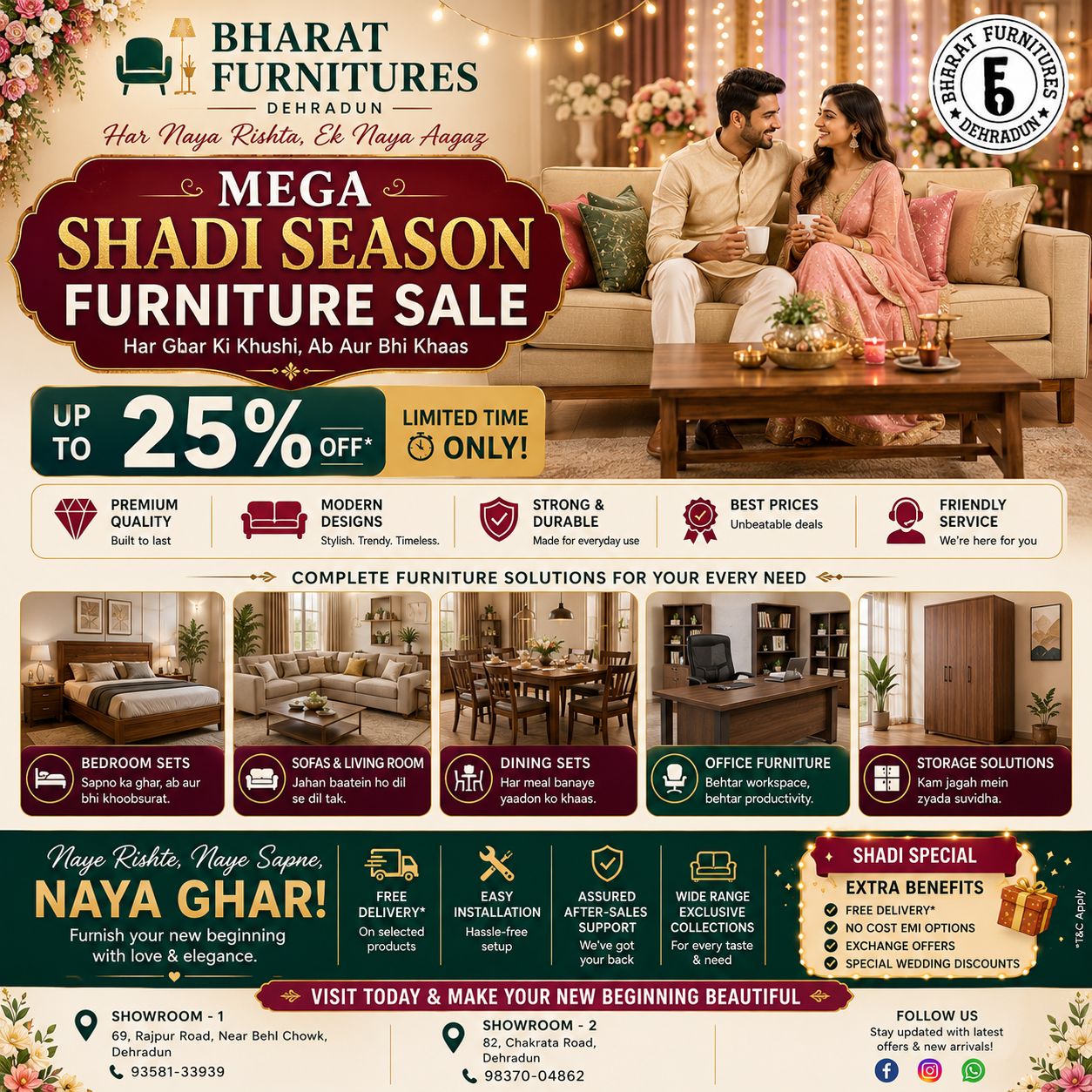 Bharat Furnitures Dehradun Facebook ad: All Types of Qaulity Funrniture in high discount prices.