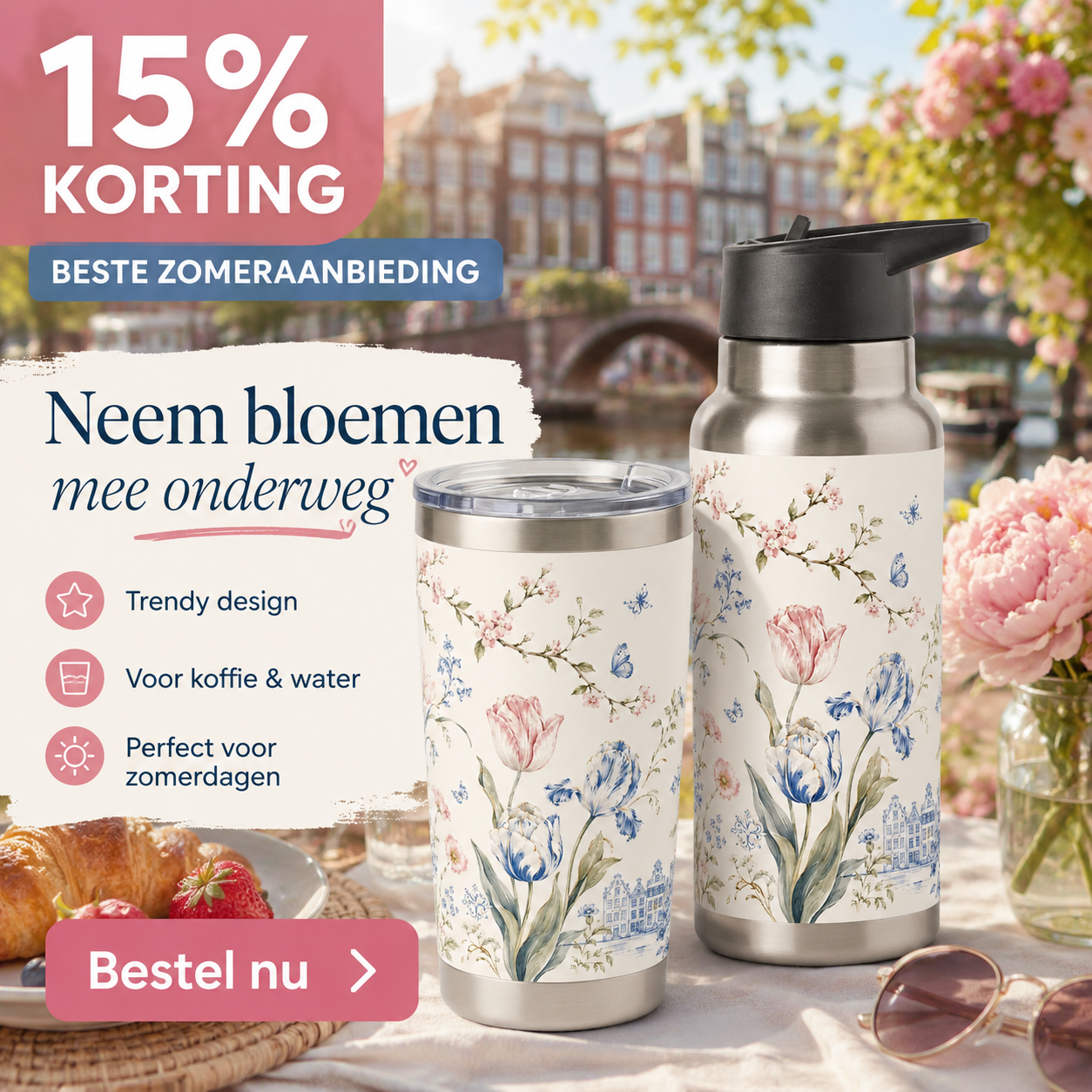 Echo Goods Facebook ad: Elegante Bloemen Drinkfles