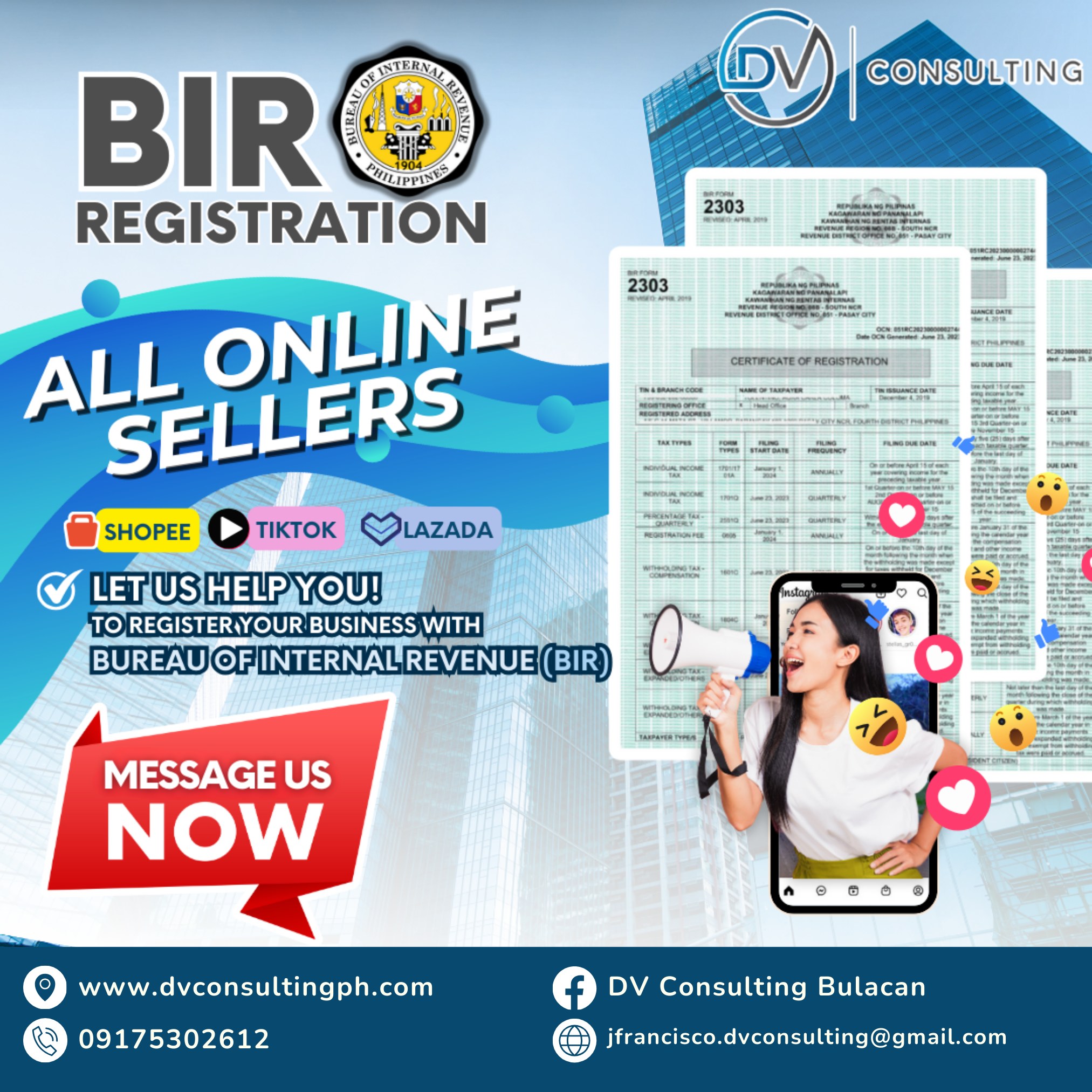 DV Consulting Bulacan Facebook ad: Dear Online Sellers, BIR has mandated all Online…