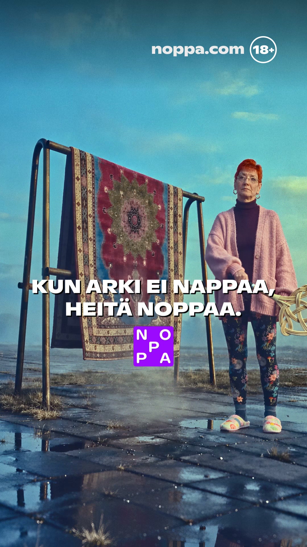 Noppa.com Facebook ad: Heitä arki pois.