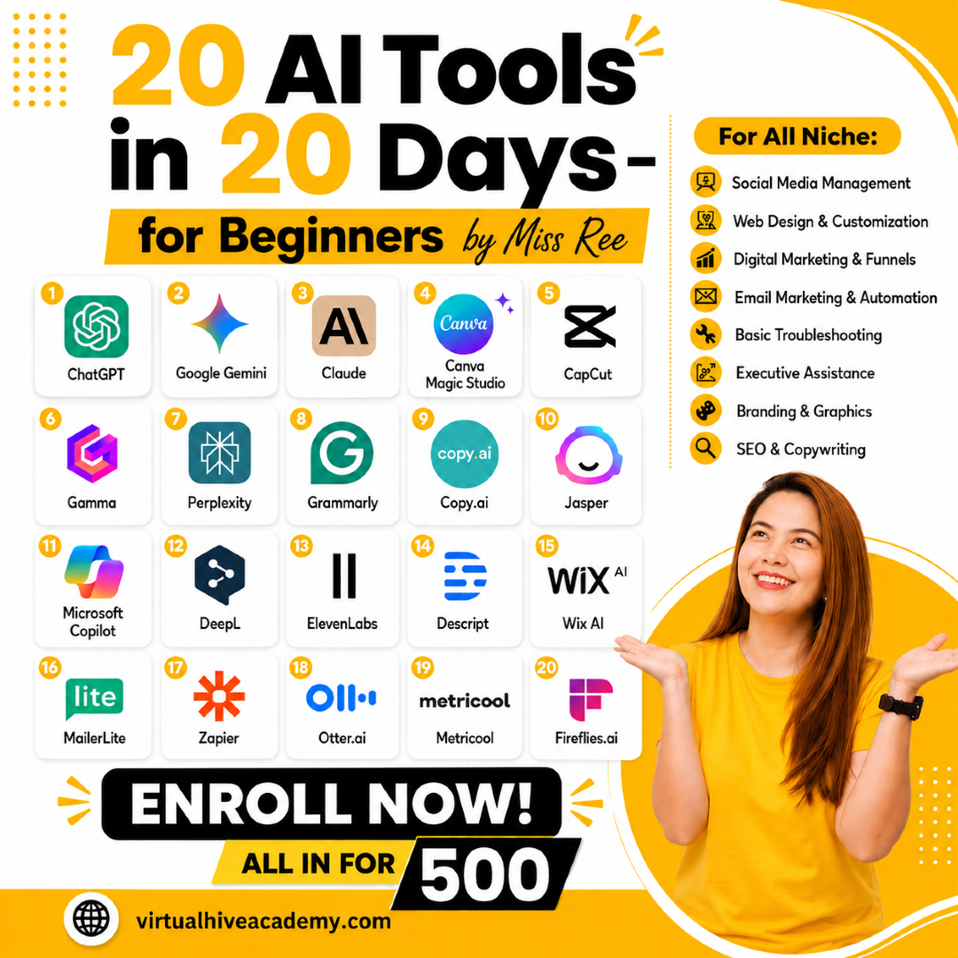 Virtual Hive Academy Facebook ad: Master 20 AI Tools in 20 Days for…
