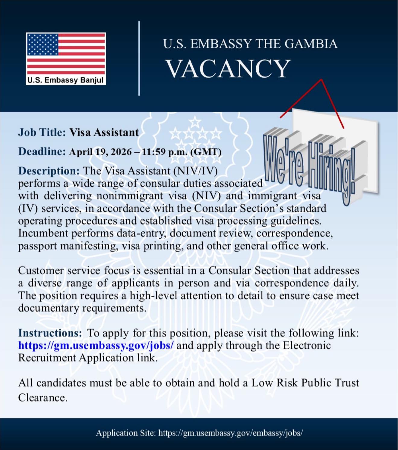 U.S. Embassy Banjul, The Gambia Facebook ad: Vacancy Announcement!