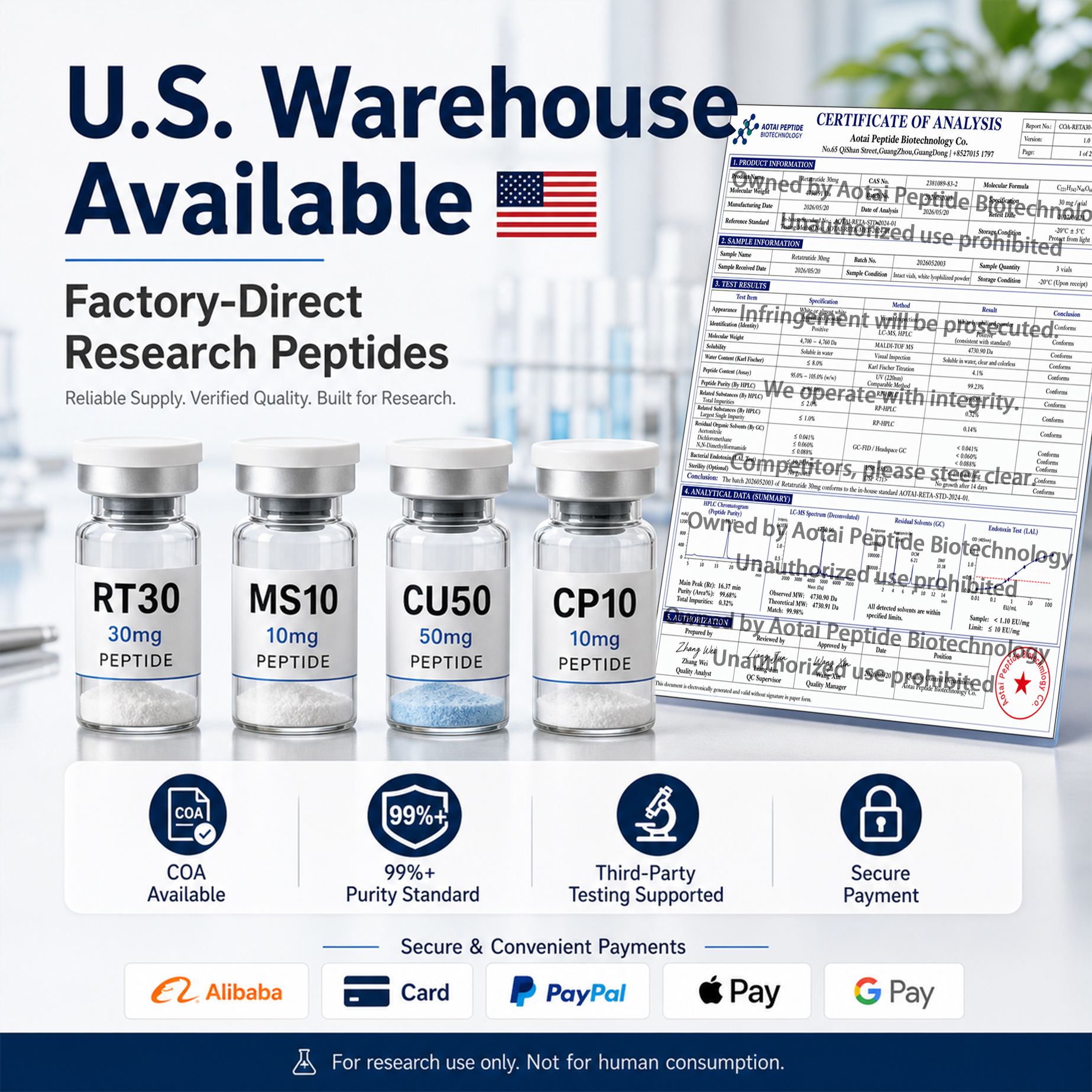 Aotai Peptide Biotechnology Facebook ad: Factory-Direct Research Peptide Supply