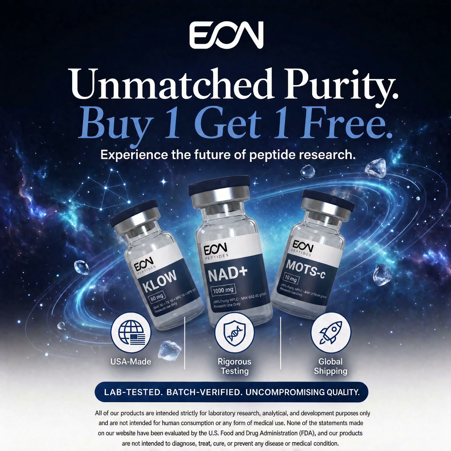 Eon Peptides Facebook ad: Buy 1 Get 1 Free. Made in the USA. 1-2 Day Shipping.