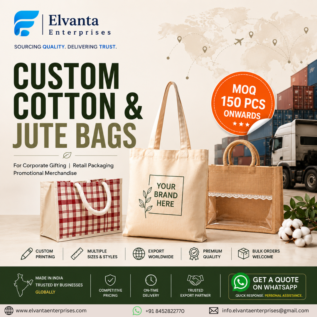 Elvanta Enterprises Facebook ad: Custom Cotton & Jute Bags | MOQ 150+
