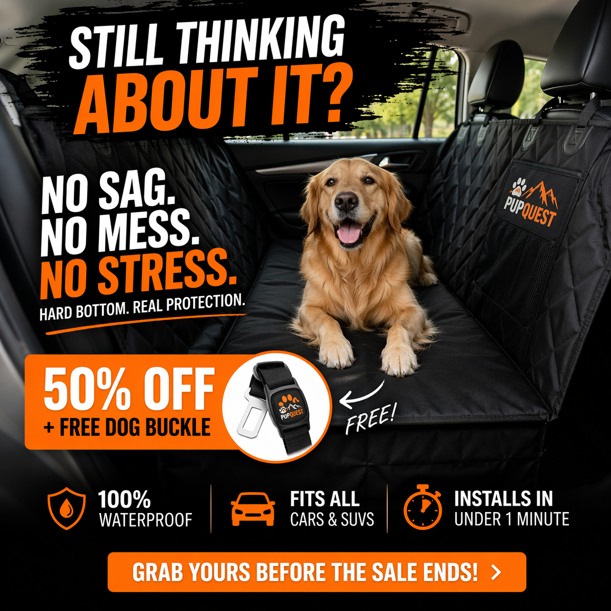 PupQuest Facebook ad: 50% OFF + Free Dog Buckle Ends Tonight