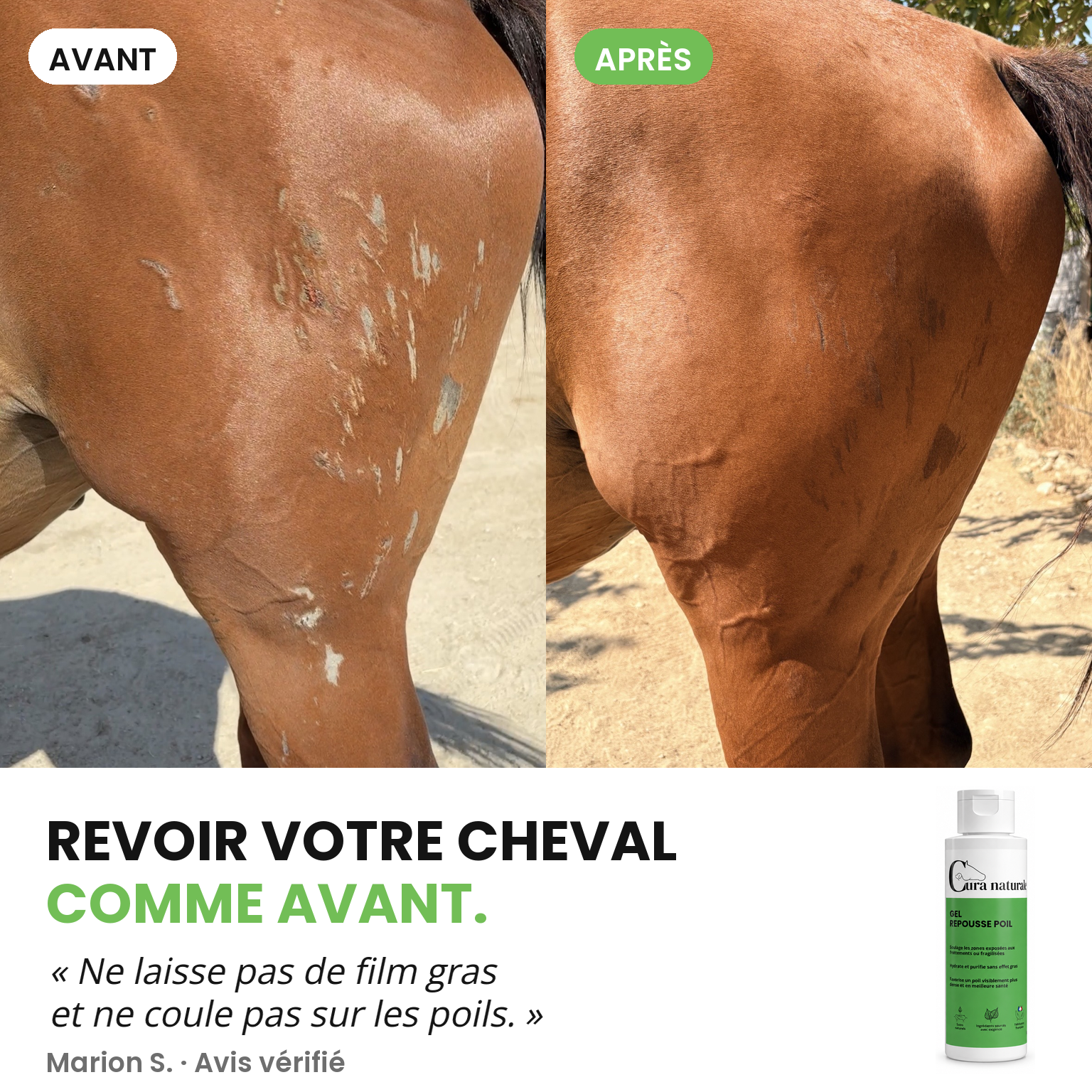Cura naturale Facebook ad: Gel repousse poil pour cheval · Note 4,8/5