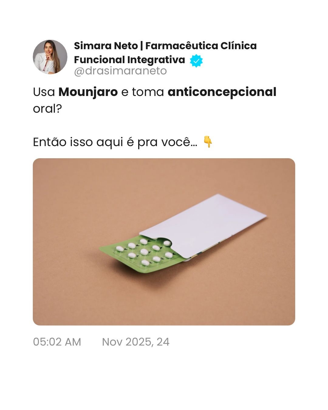 Dra. Simara Neto Facebook ad: Você usa Mounjaro e toma anticoncepcional oral?