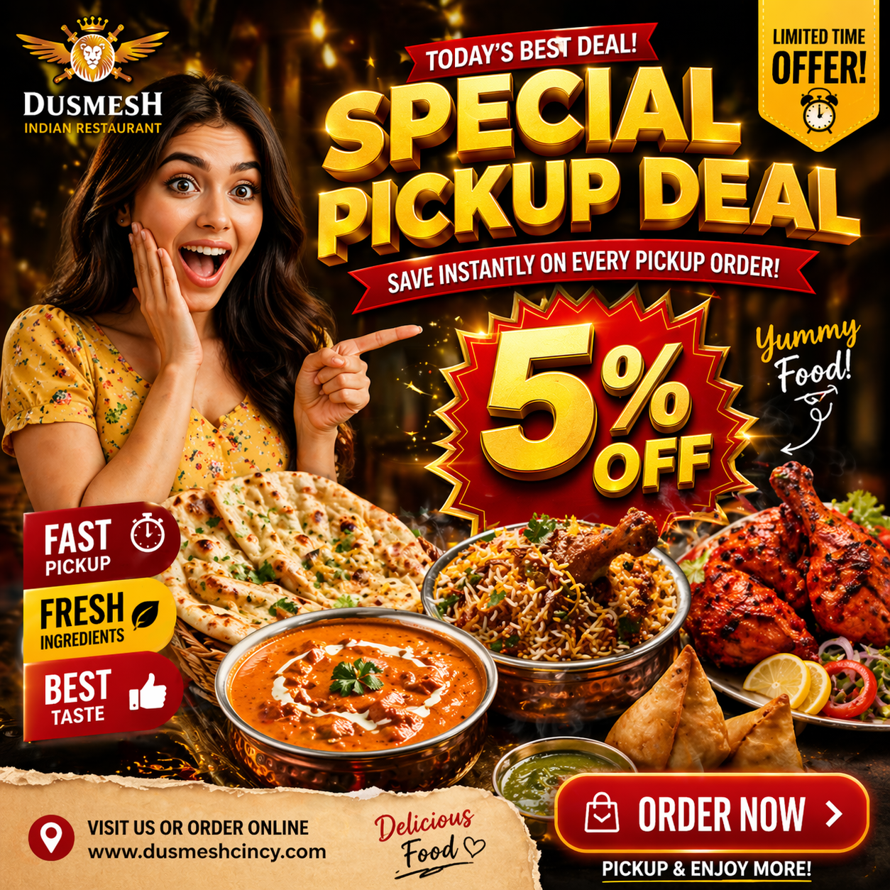 Dusmesh Indian restaurant & Bar Facebook ad: Get 5% OFF on Pickup Orders!