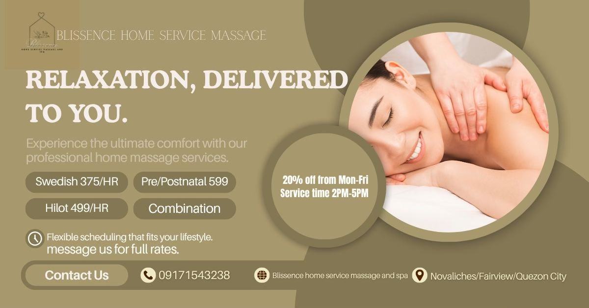 Blissence Home Service Massage and Spa Facebook ad: HOME SERVICE MASSAGE AVAILABLE DAILY