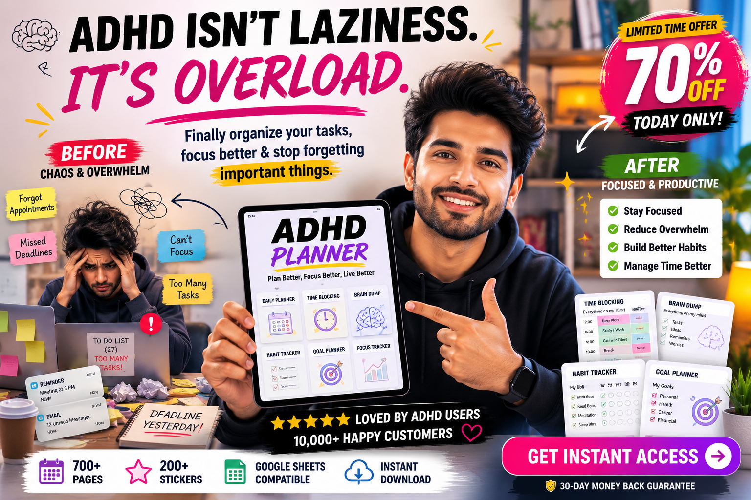 Digital planner Facebook ad: ADHD Isn't Laziness. It's Overload.
