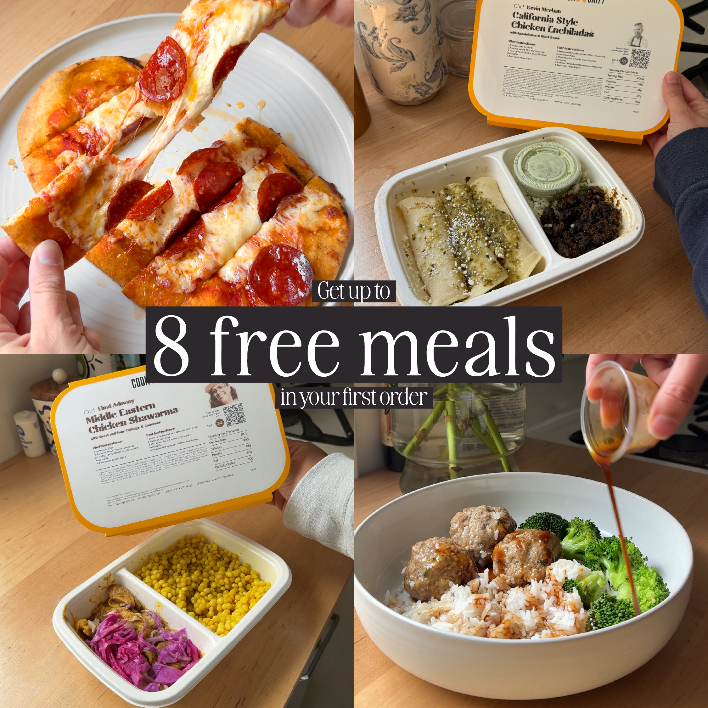 CookUnity Facebook ad: Click Here to Get Up To 8 Free Meals!