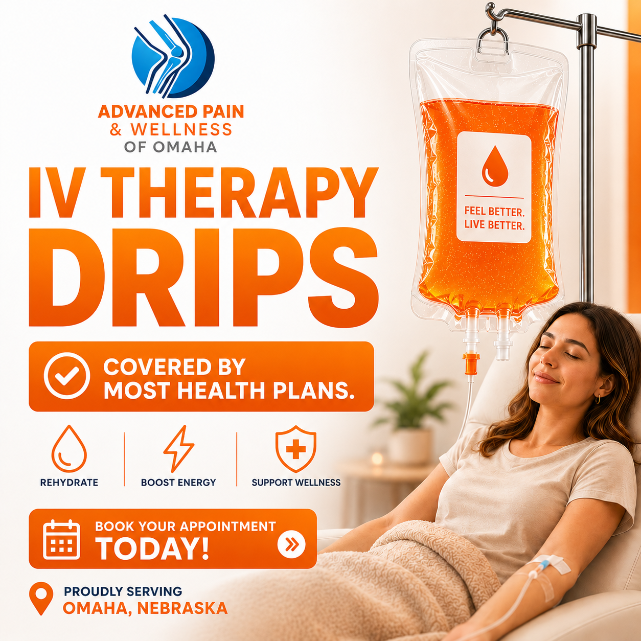 Arthritis Knee Pain Clinic of Omaha Facebook ad: IV Therapy Drips Covered By Most Health Plans