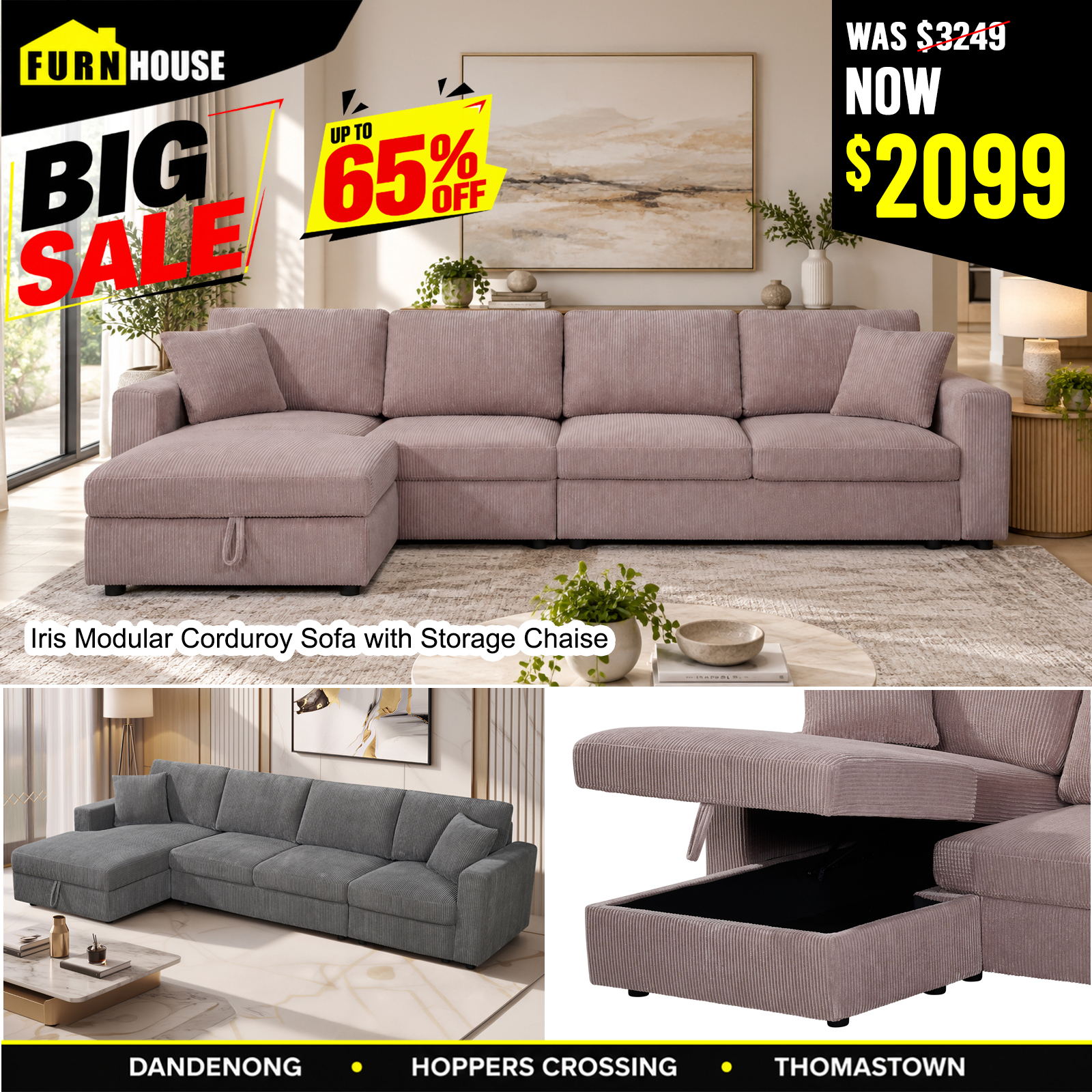 Furn House Facebook ad: HUGE FURNITURE SAVINGS ARE HERE, UP TO 65%…