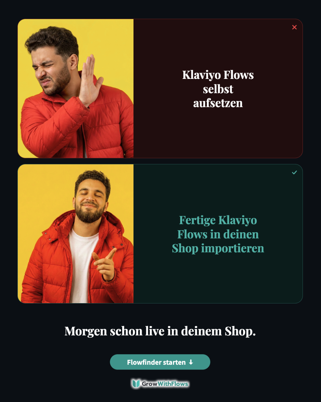 Nick Hartmann Facebook ad: Erhalte fertige Klaviyo Flows