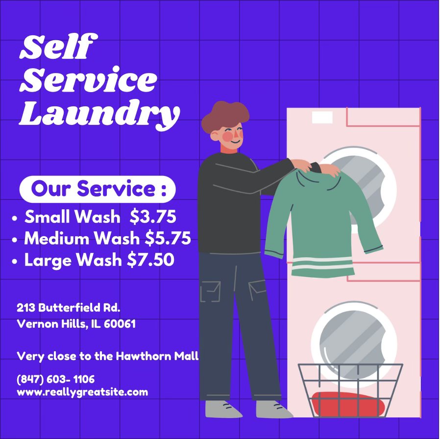 Vernon Hills Laundry- Laundromat Facebook ad: Last load @ 9 p.m.