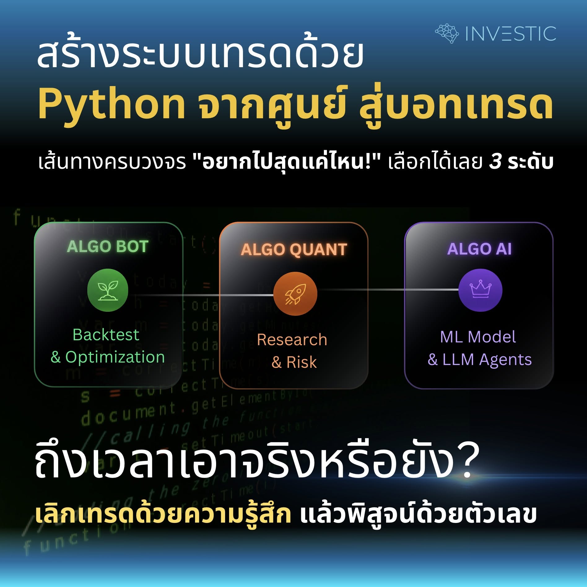 Investic AI Academy - Vibe Algo & Quants Facebook ad: อยากมีบอท แต่ก็ยังตอบไม่ได้ว่าจะให้บอทเทรดยังไง?