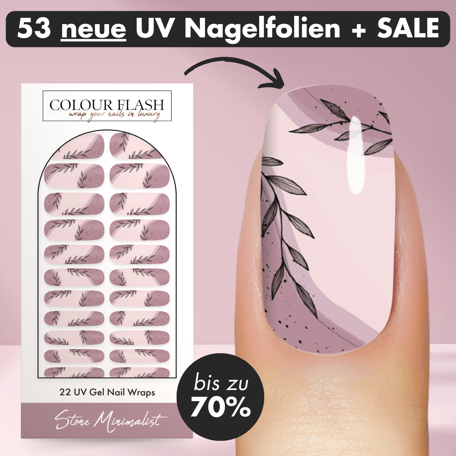 Colour Flash Facebook ad: Mega-SALE: Bis zu 70% Rabatt und 53 neue UV Nagelfolien…