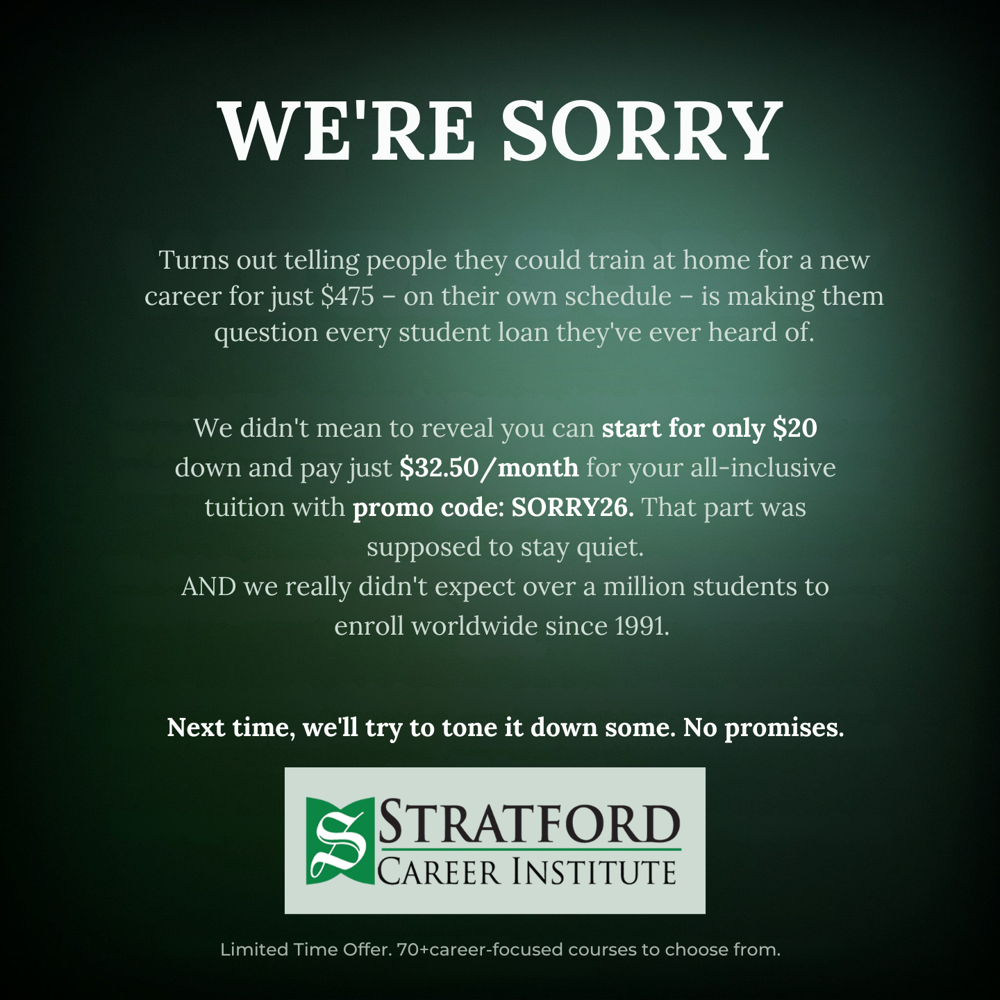 Stratford Career Institute Facebook ad: Train for the Career You Want-Study at Home on Your Schedule