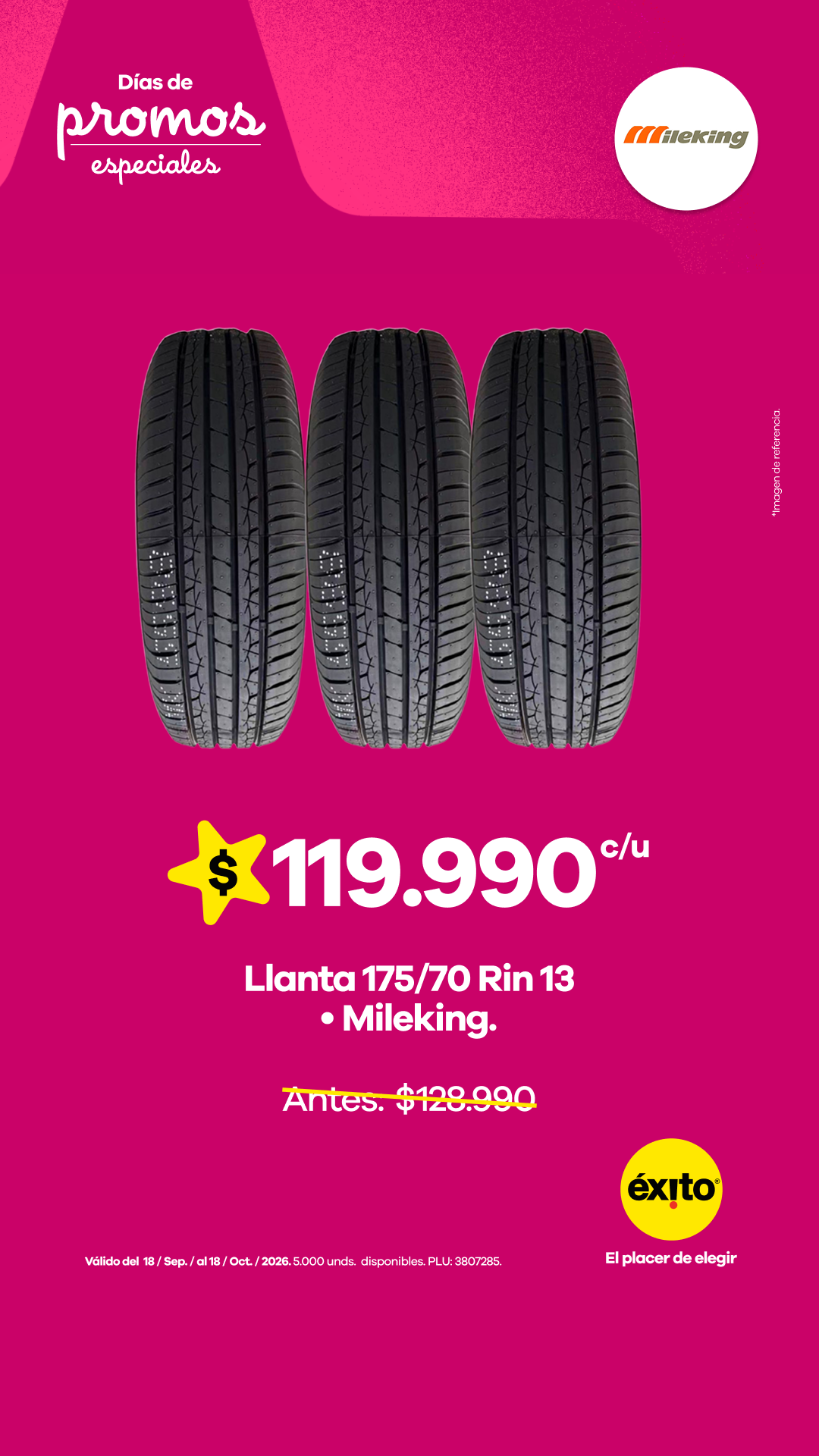 Éxito Facebook ad: Llantas con descuento.