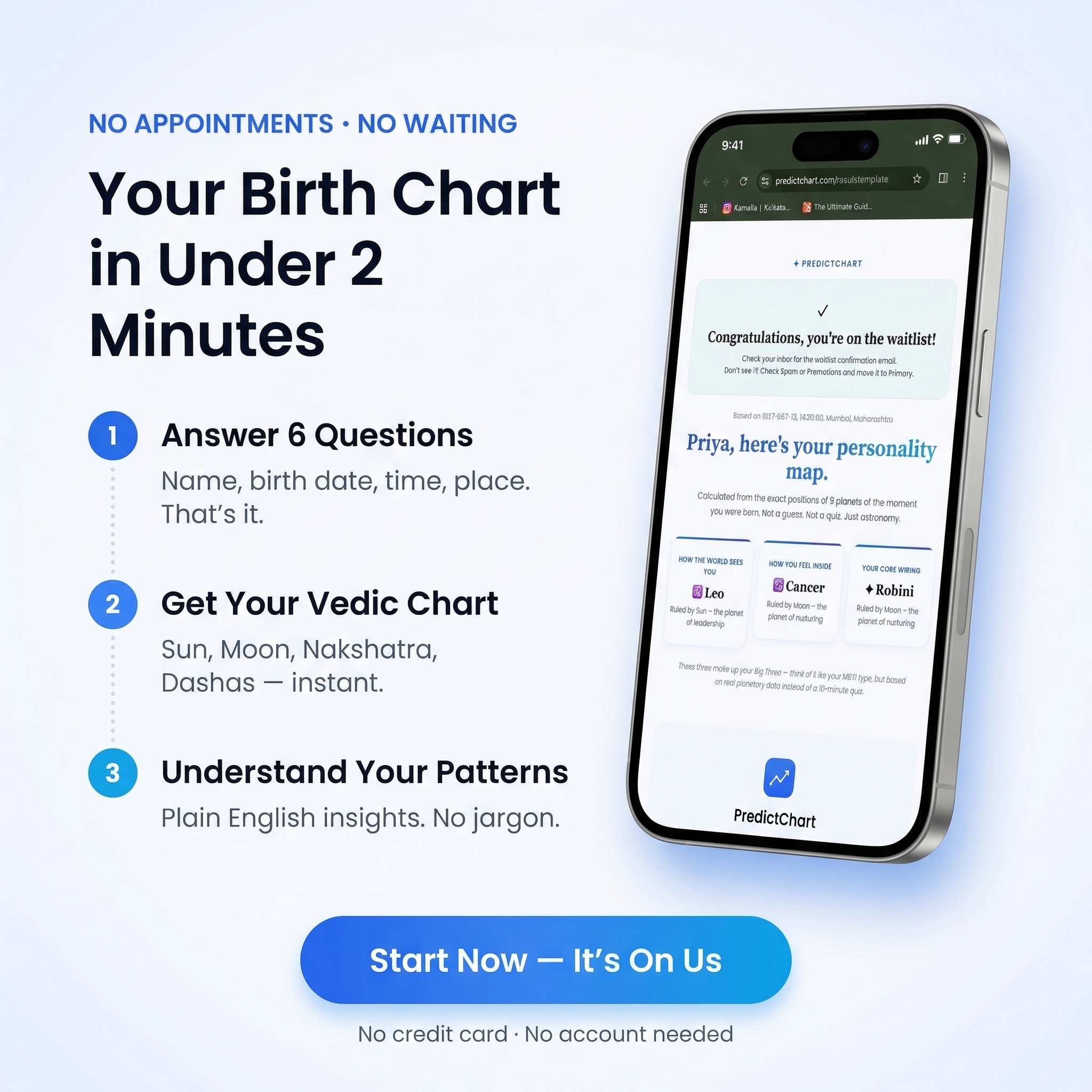 Predictchart Facebook ad: Your Real Vedic Chart in 2 Min