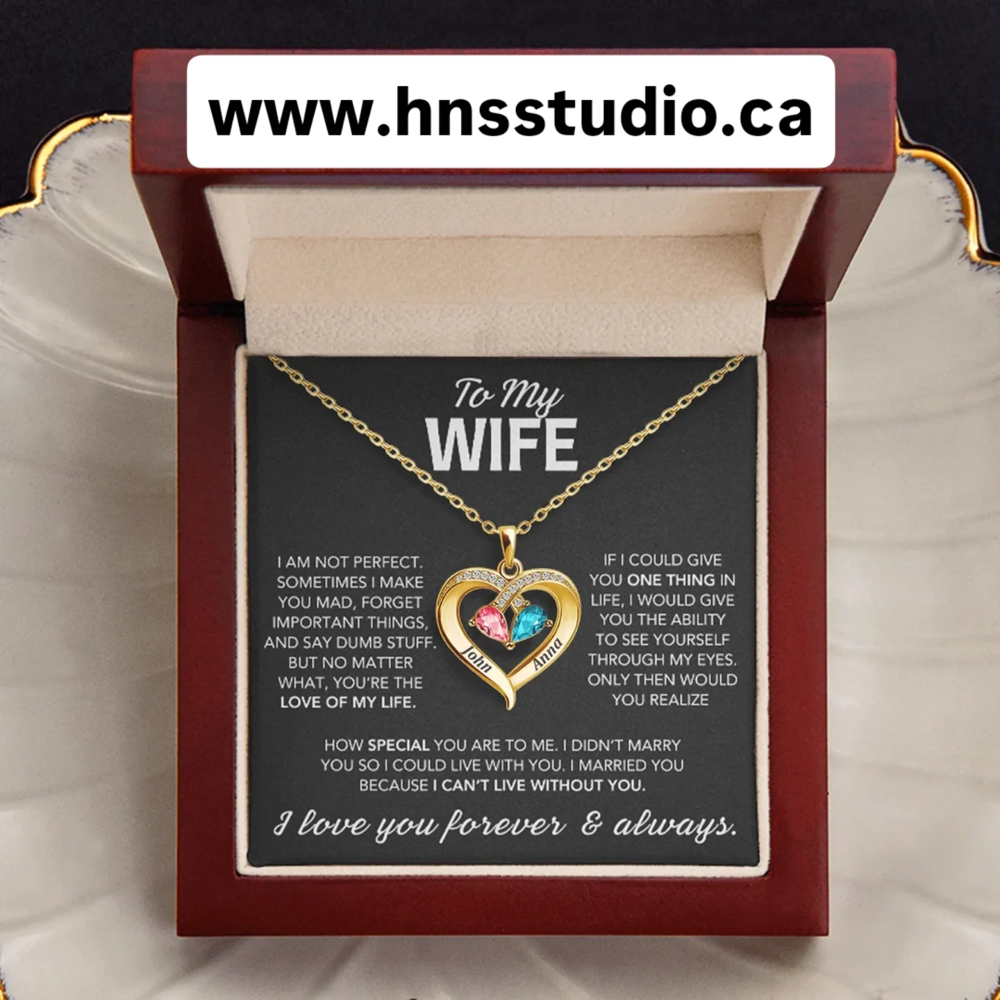 HNS Studio Facebook ad: Personalized Heart-Shaped Name Necklace With Birthstones…