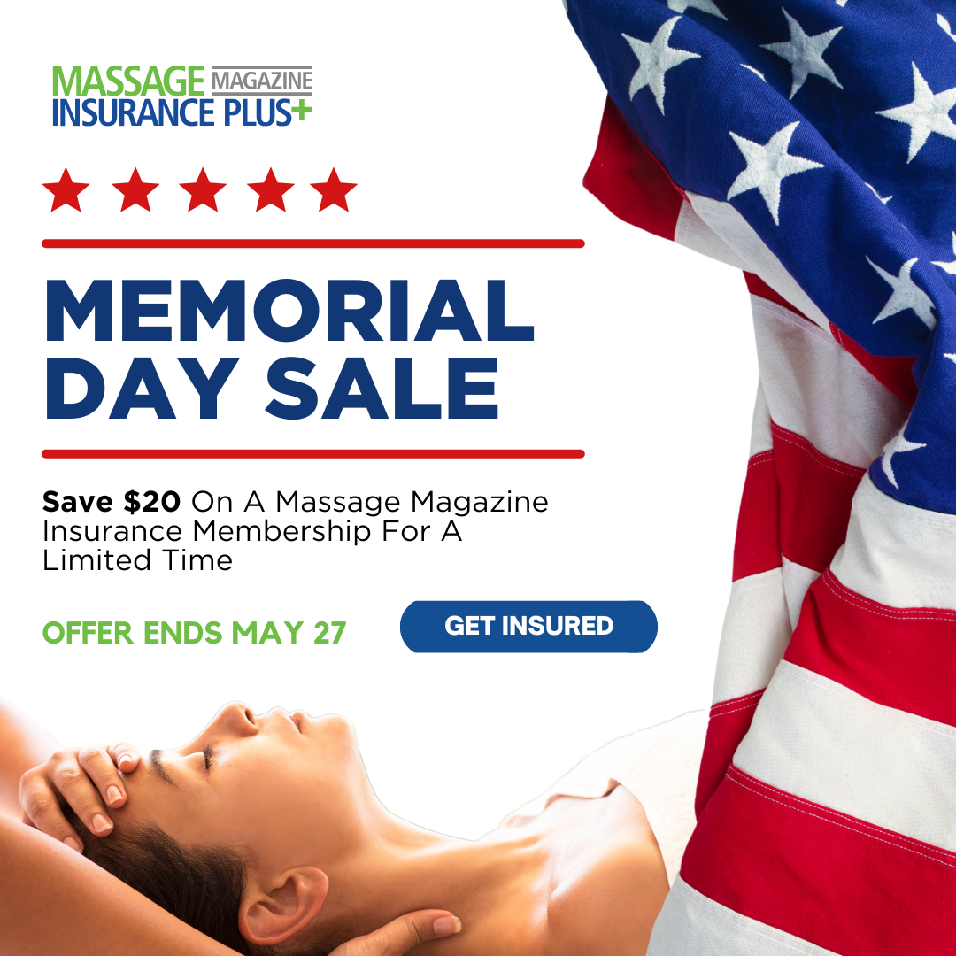 Massage Magazine Insurance Plus Facebook ad: $20 Off Massage Therapist Insurance Membership, Memorial…