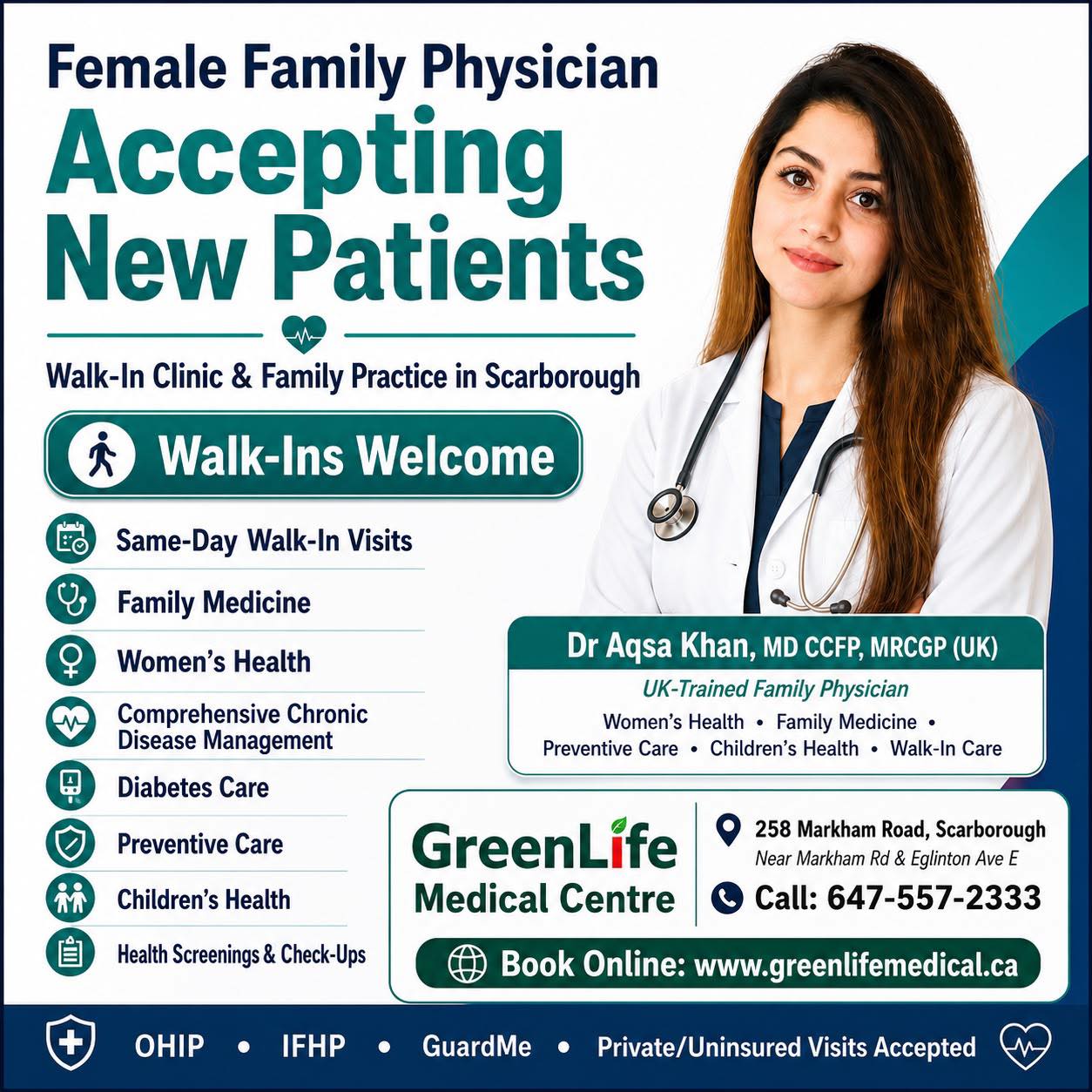 GreenLife Medical Centre Facebook ad: Looking for a Female Family Doctor in Scarborough?