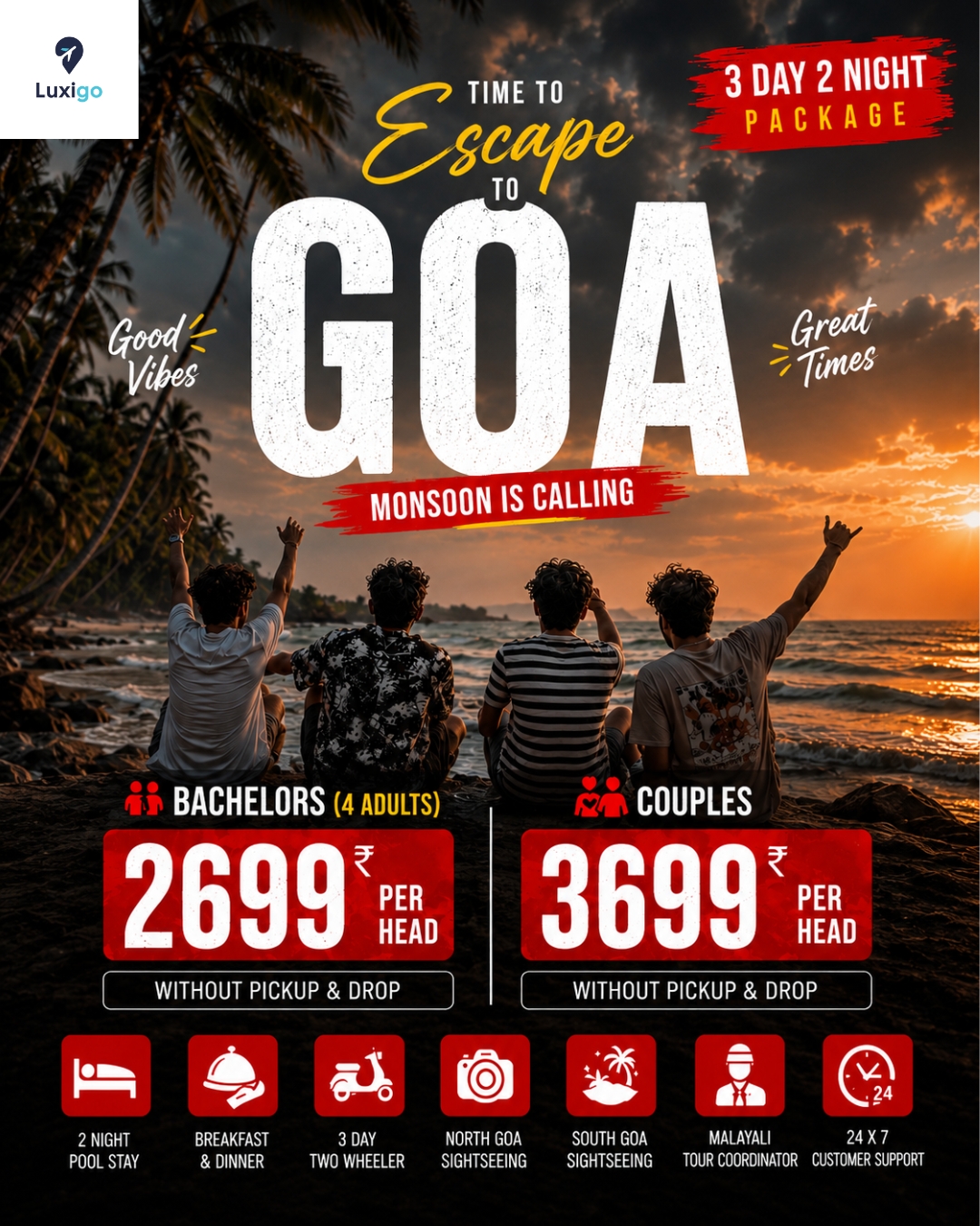 LuxiGo Goa Facebook ad: Book Your Monsoon Goa Packages