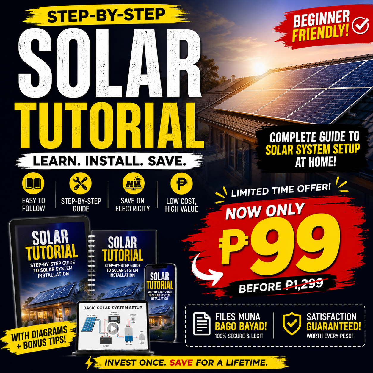 Solar power learning materials Facebook ad: Learn Solar Installation for Only ₱99!