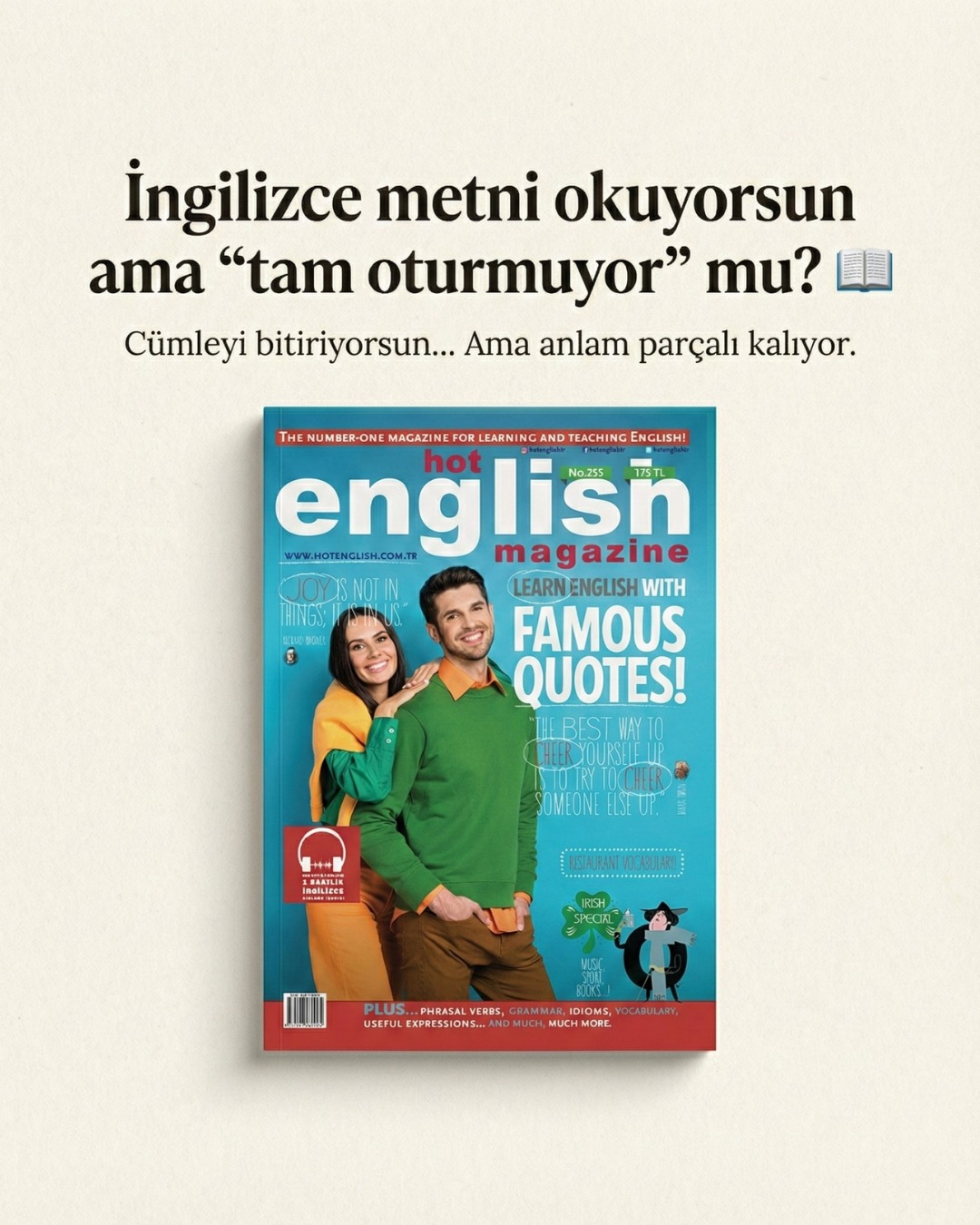 Hot English Dergisi Facebook ad: İngilizce metni okuyup bitiriyorsun…