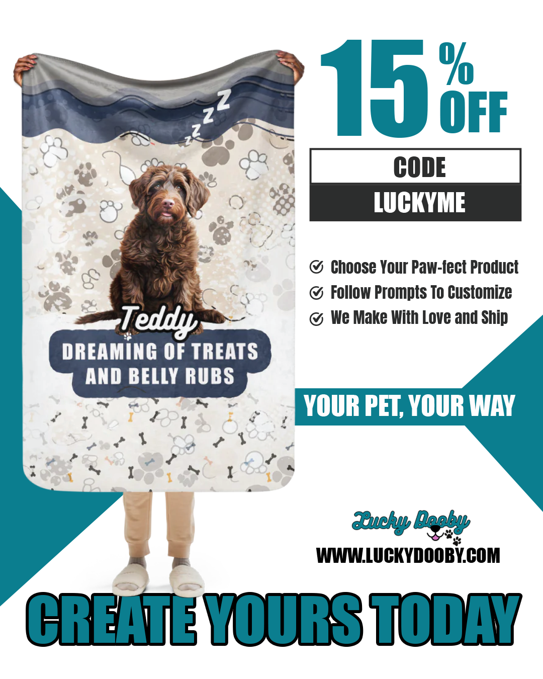 Lucky Dooby Facebook ad: Create Your Custom Pet Blanket Today