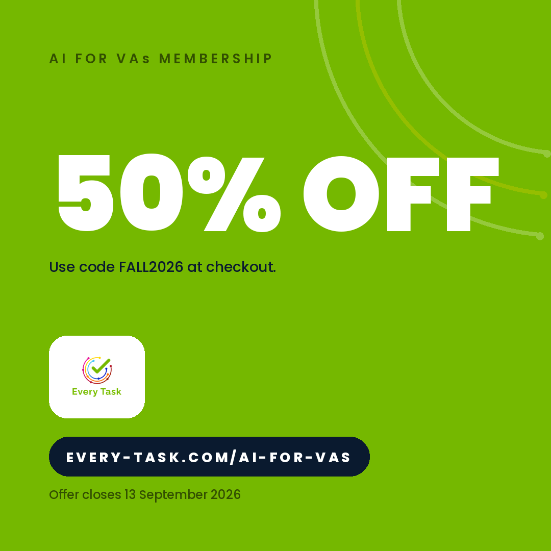 Every Task Facebook ad: 50% off. Ends 13 September.