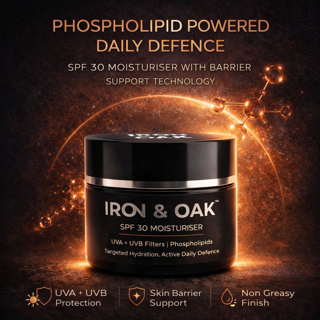 Iron & Oak Facebook ad: SPF 30 Moisturiser - Iron & Oak | Premium Men’s Skincare &…