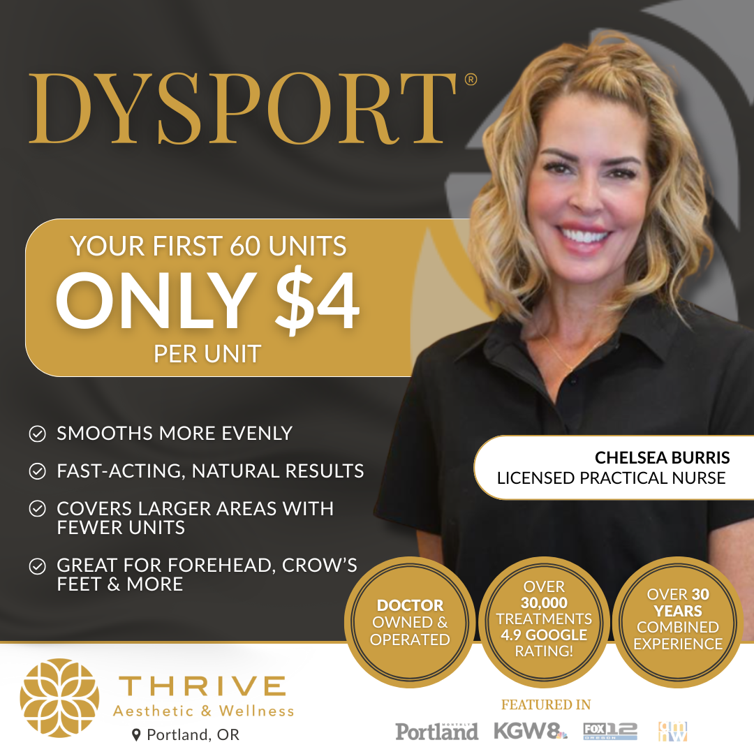 Thrive Aesthetic & Wellness Facebook ad: Get Your First 60 units of Dysport for ONLY $4/unit!