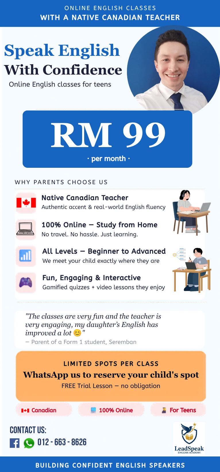 LeadSpeak English Academy Facebook ad from Jul 25, 2026