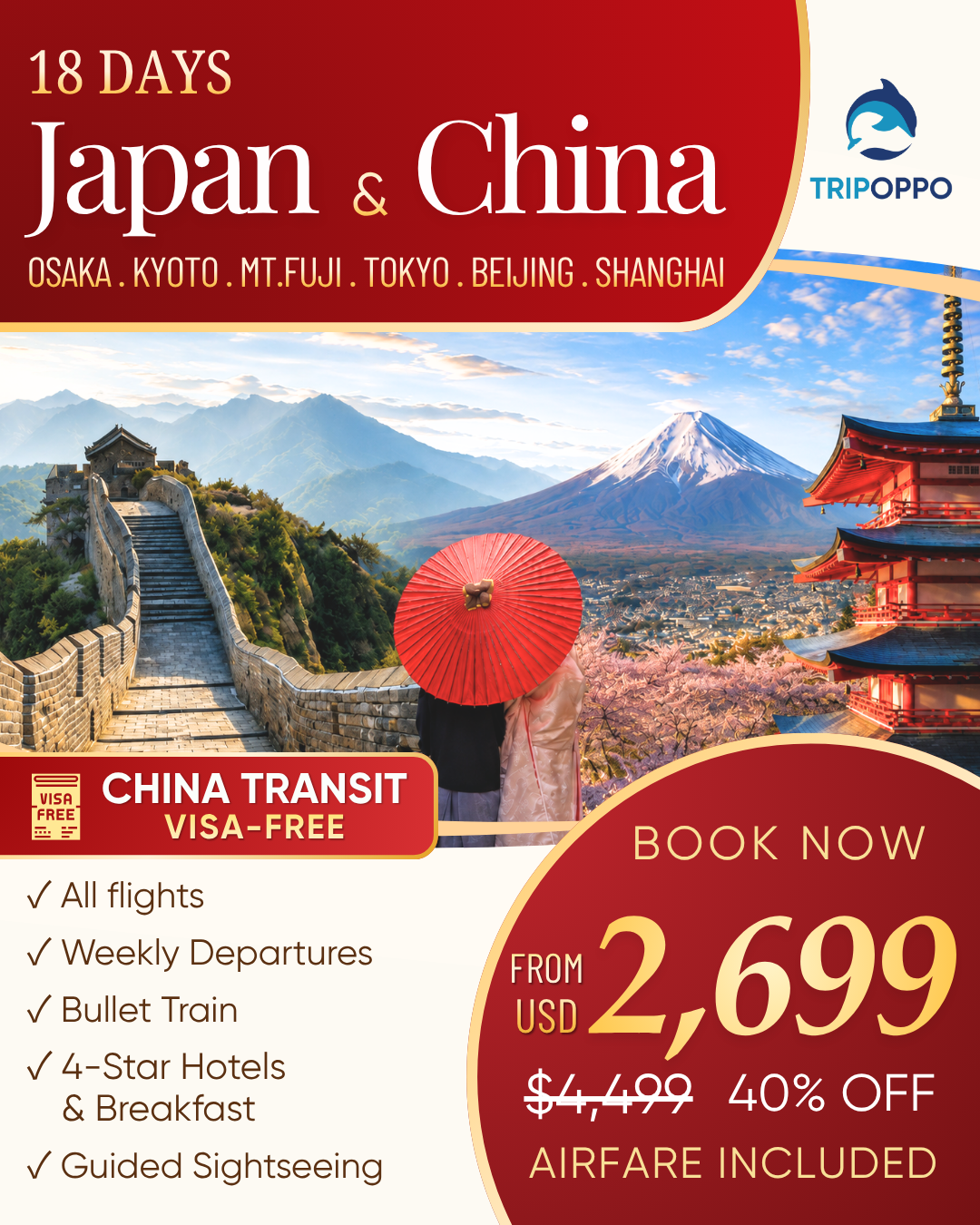 TripOppo Facebook ad: Japan & China 18 Days $2,699+ w/air