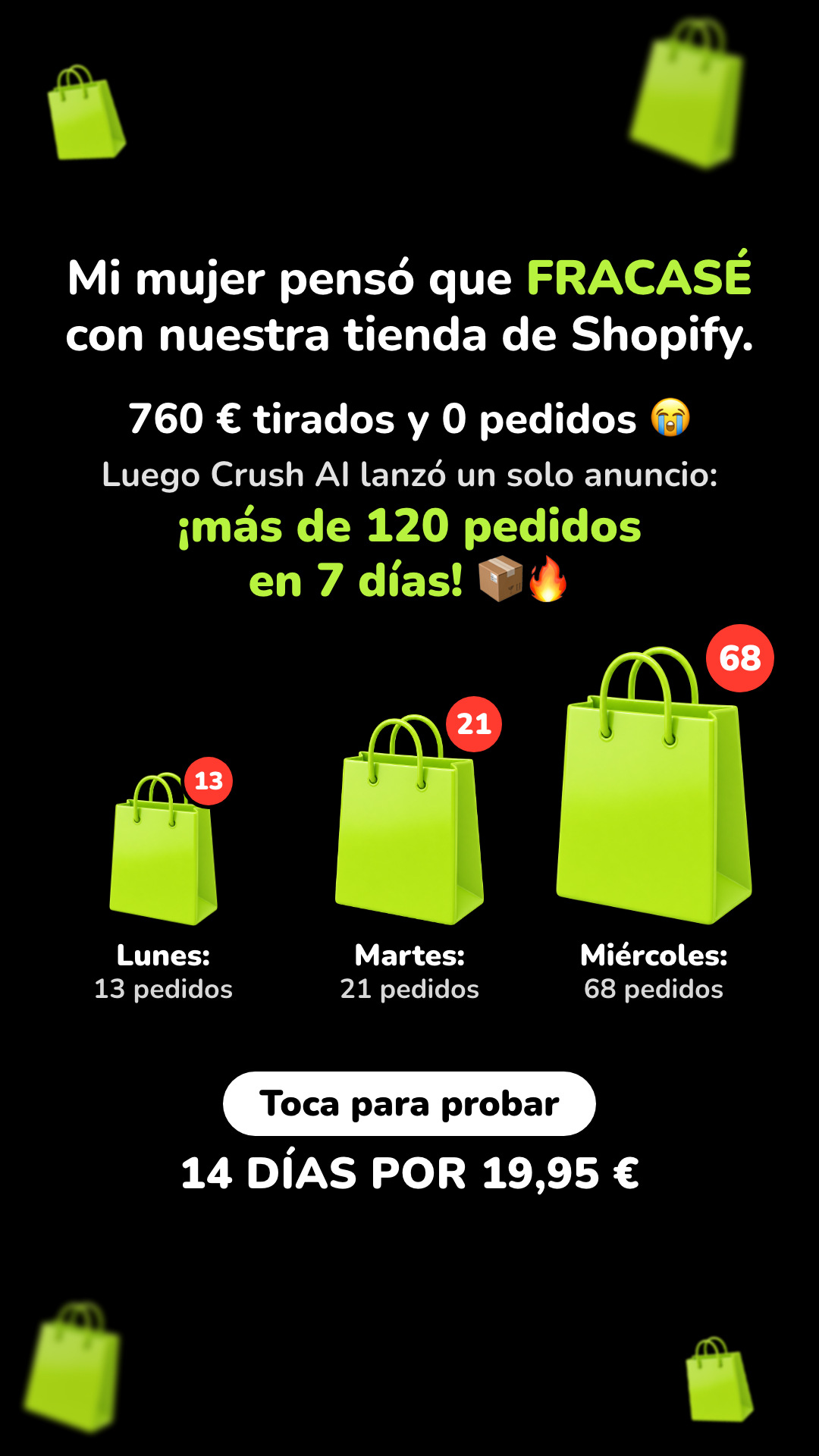trycrush.ai Facebook ad: 760 € tirados. Luego, 120+ pedidos