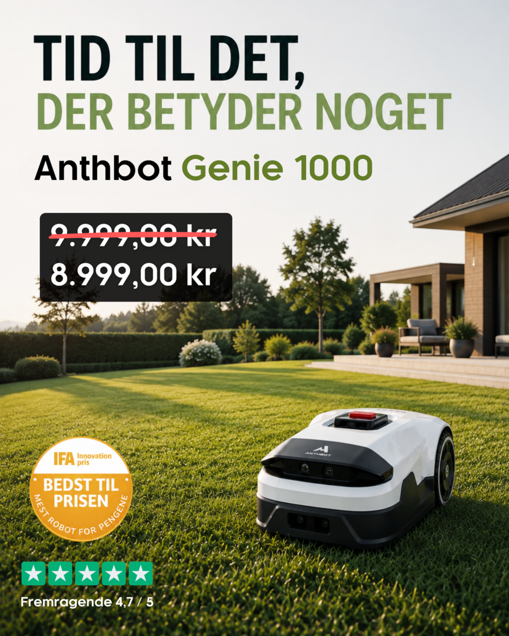 Robopower - robotplæneklippere med bedre service Facebook ad: Din nye havemand, kun 8.999 kr.