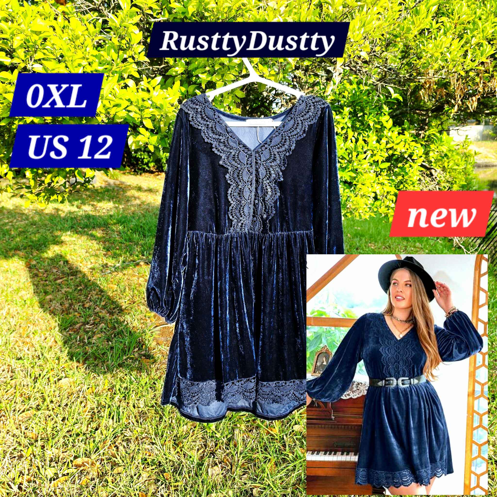 Torry Daria Facebook ad: Whimsigoth Babydoll Dress 0XL Navy Blue Velvet Lace Trim…