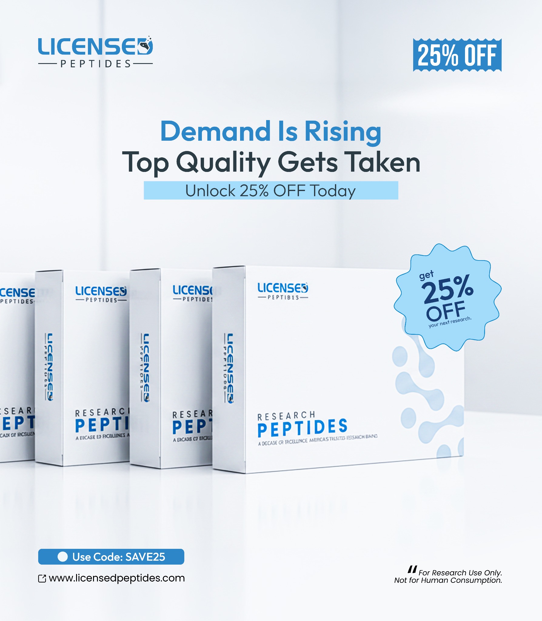 LicensedPeptides.com Facebook ad: 25% Off Sale Wont Last Long