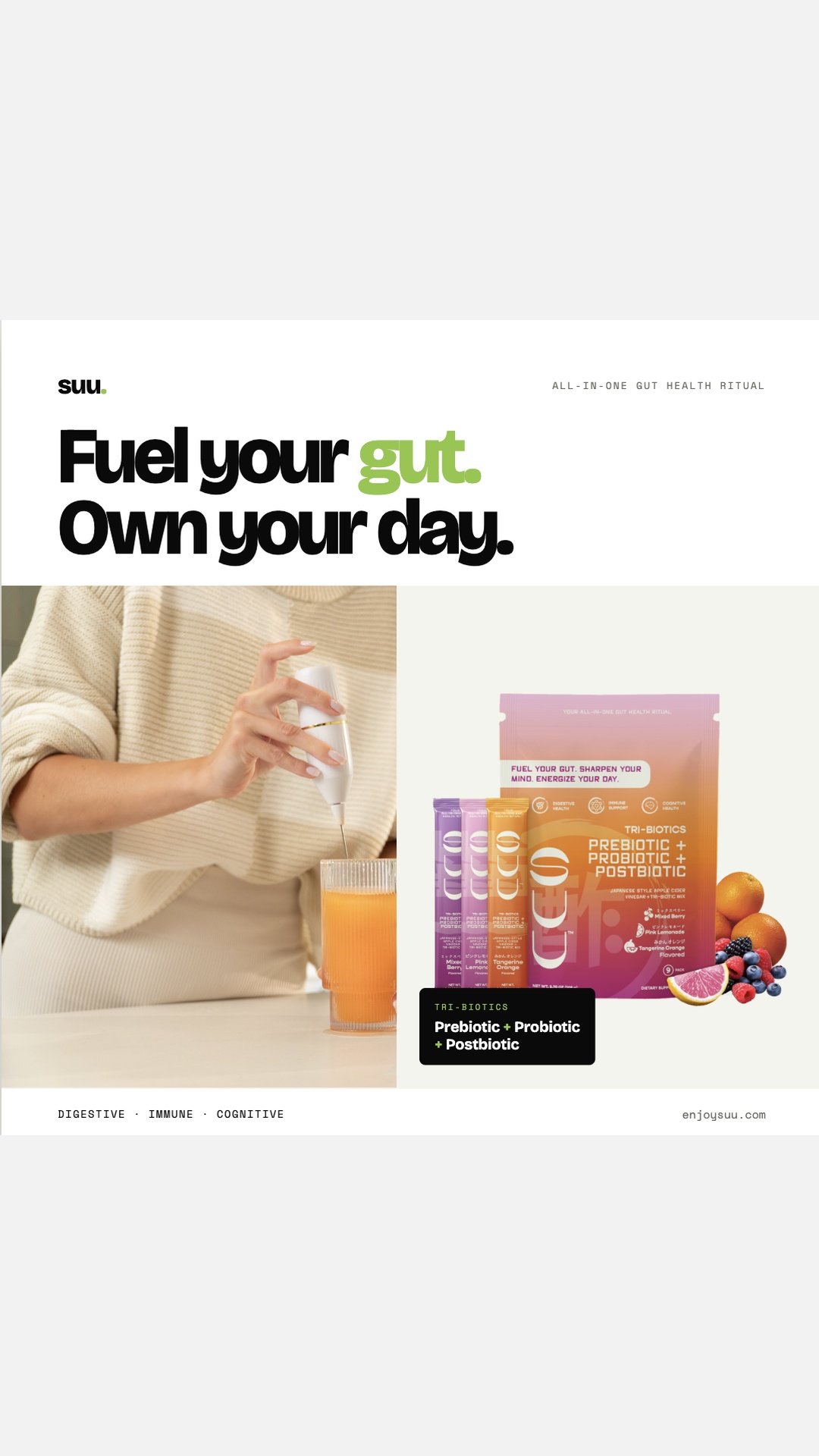 Suu Facebook ad: Fuel Your Gut. Own Your Day.