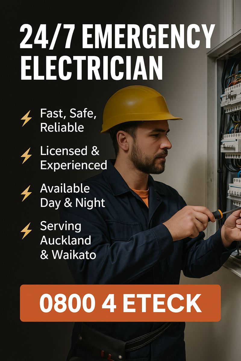 Eteck Electrical Limited Facebook ad: 24/7 EMERGENCY ELECTRICIANS | AUCKLAND & WAIKATO
