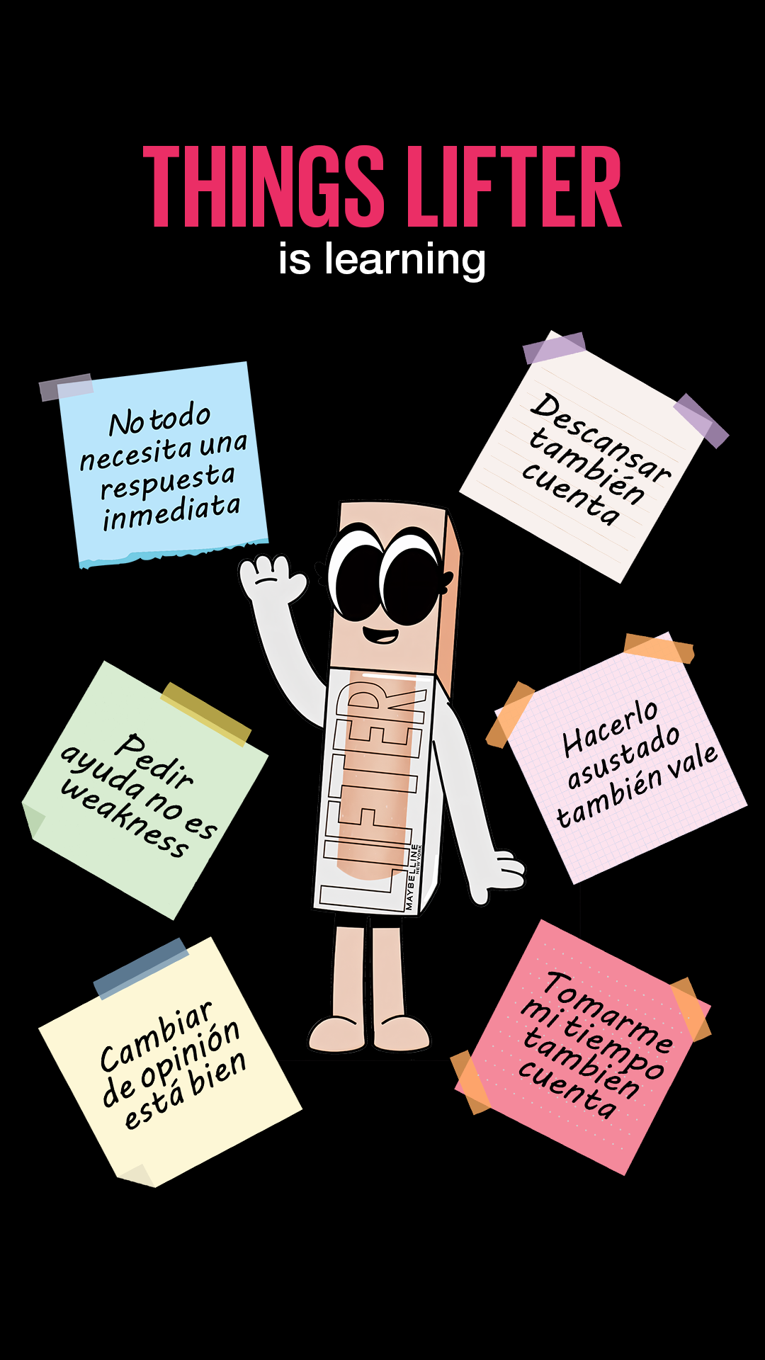 Maybelline New York Facebook ad: Entre sticky notes pegados por todos lados, pensamientos…