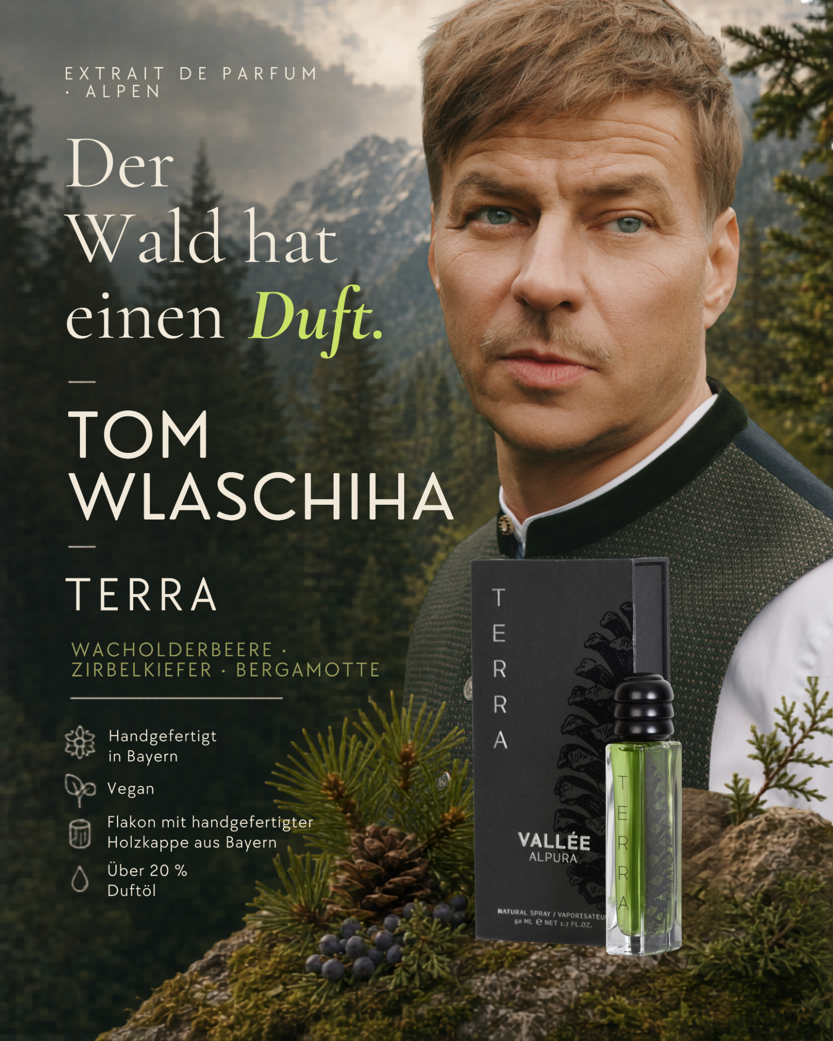 Vallée Alpura Facebook ad: Tom Wlaschiha trägt Terra.