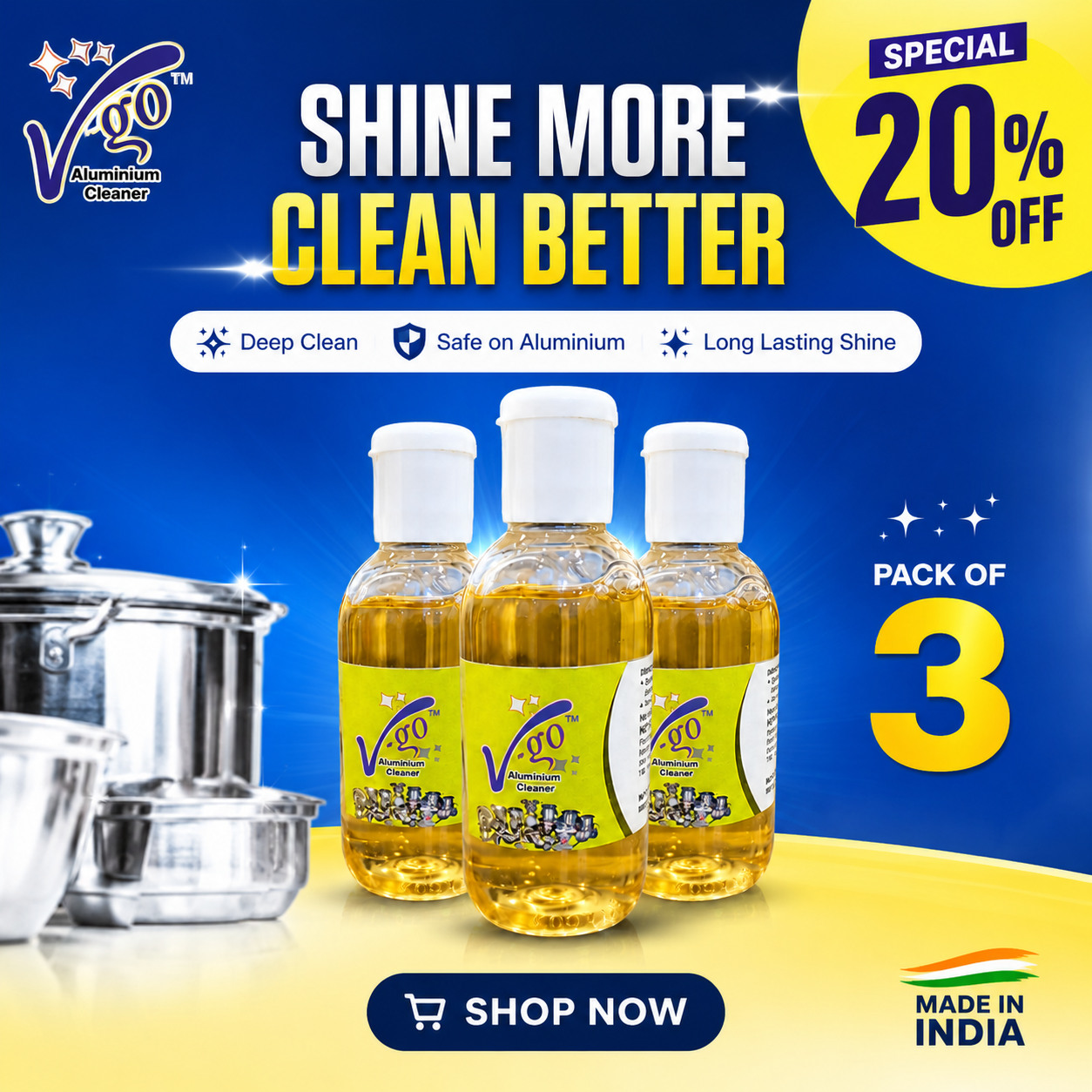 V-go International Facebook ad: ALUMINIUM CLEANER FOR KITCHEN UTENSILS 100 ML X PACK OF 3