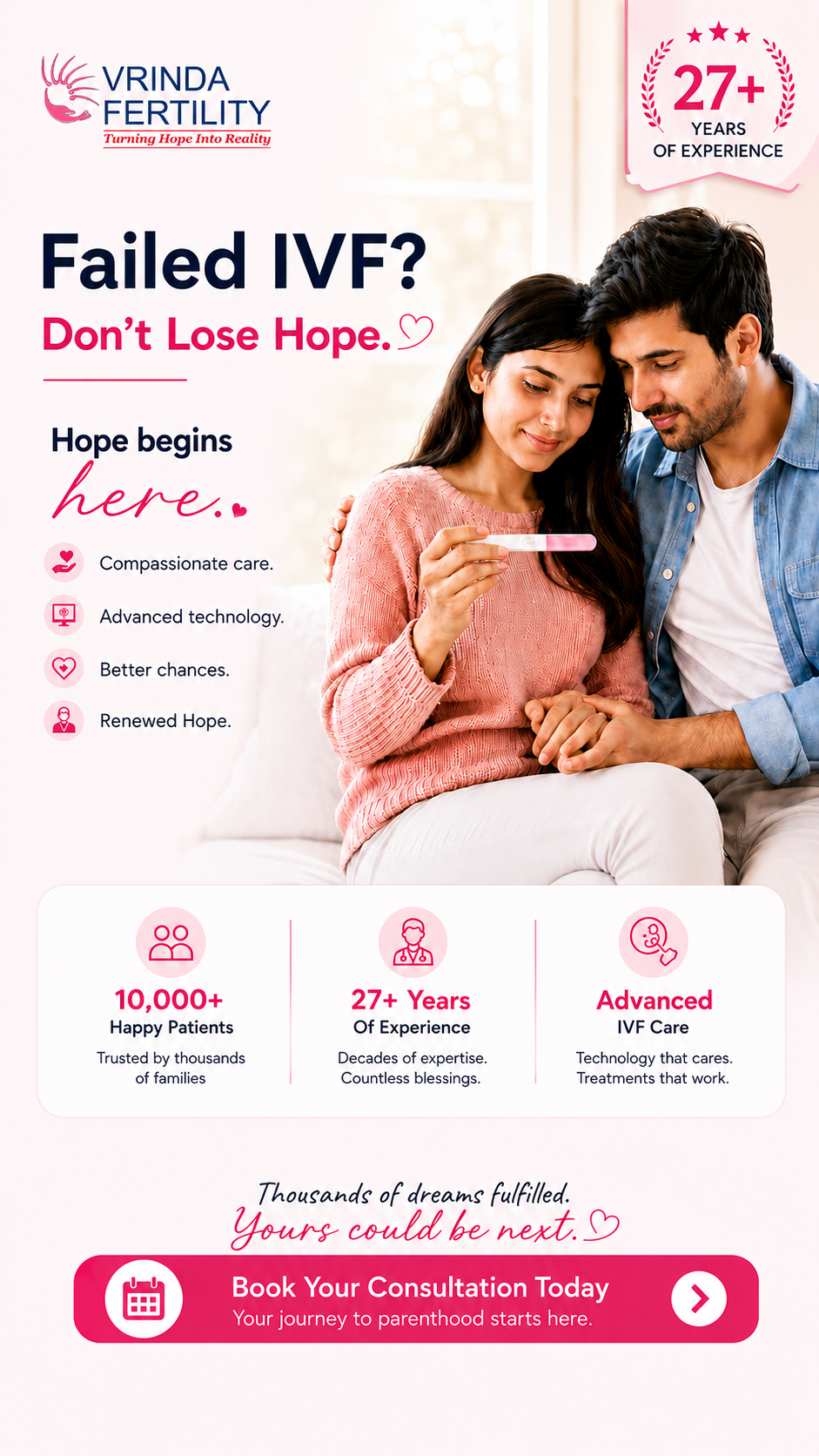 Vrinda Fertility Facebook ad: Failed IVF? Your Journey to Parenthood Starts Here.