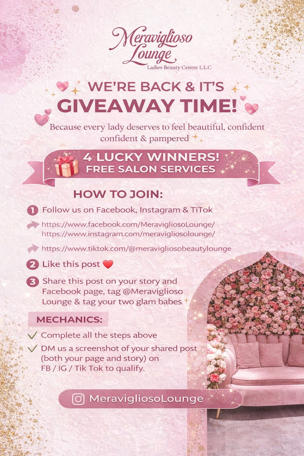 Meraviglioso Beauty Lounge Facebook ad: WE’RE BACK & IT’S GIVEAWAY TIME!