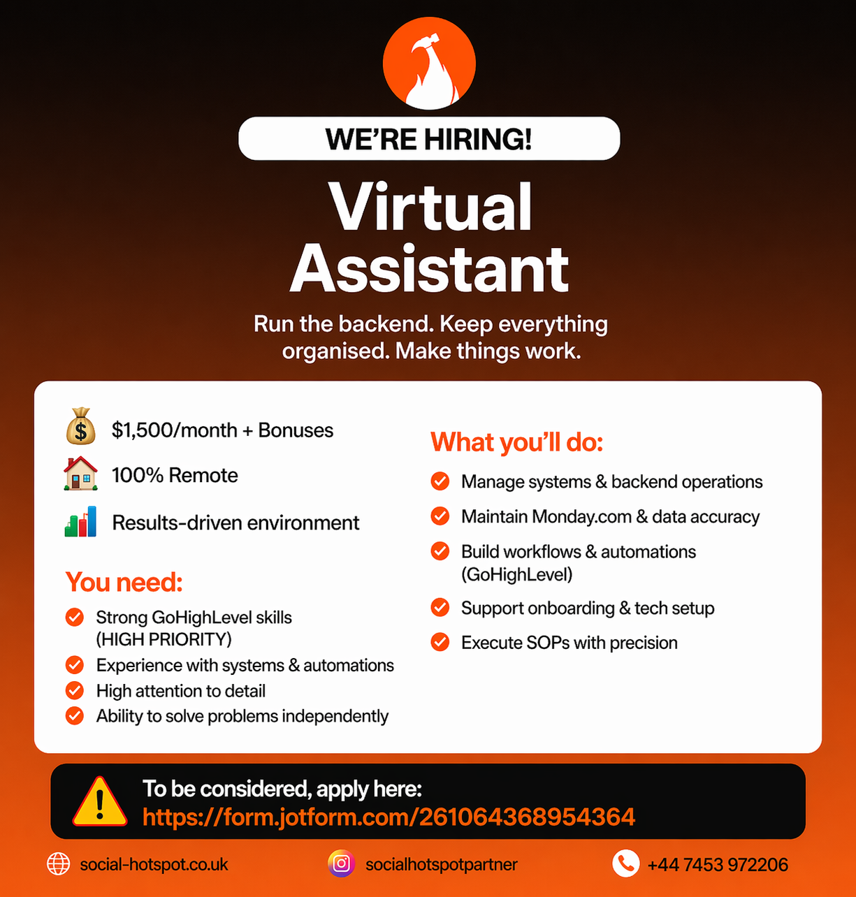 Social-Hotspot Facebook ad: Virtual Assistant Wanted, Full-Time Role